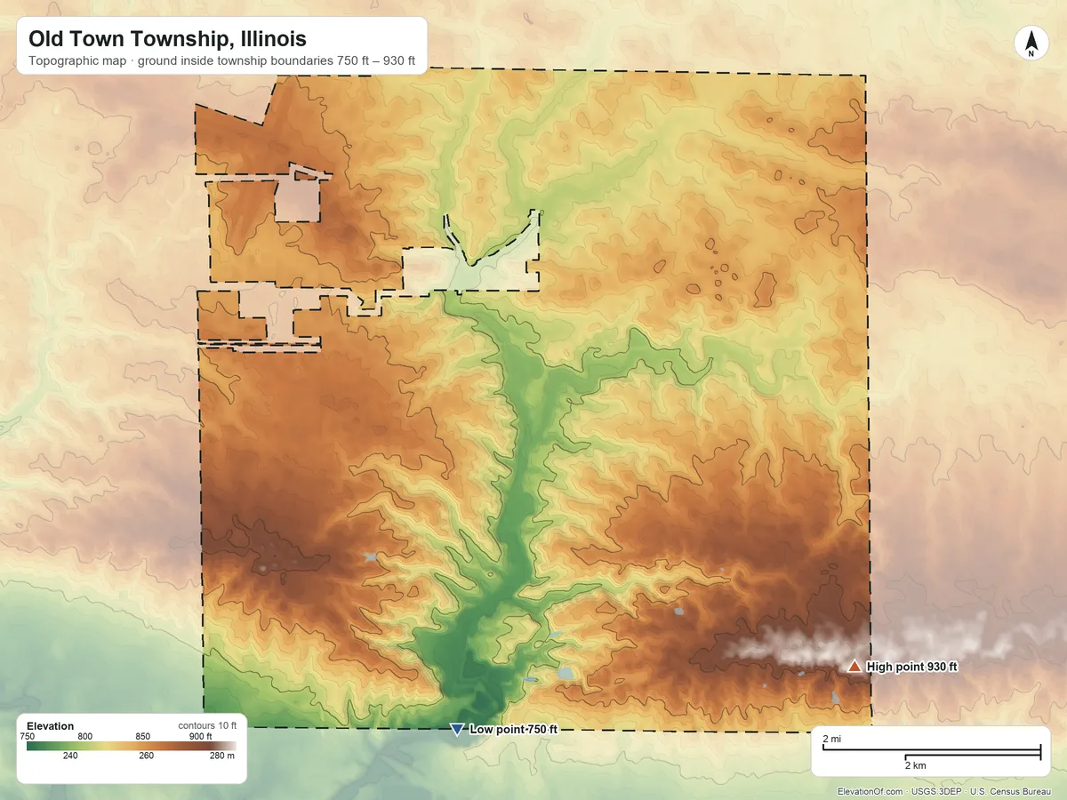 Topographic elevation map of Old Town Township, Illinois, shaded from 750 ft on the south side to 930 ft on the east side