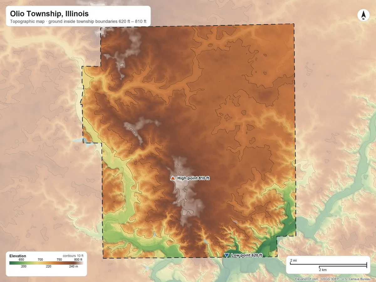 Topographic elevation map of Olio Township, Illinois, shaded from 620 ft on the southeast side to 810 ft on the southeast side