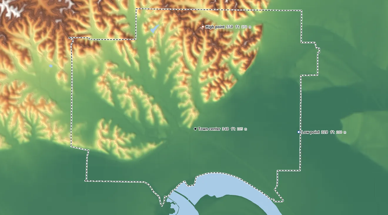 Topographic elevation map of Olive Branch, Illinois, shaded from 320 ft on the east side to 550 ft on the north side