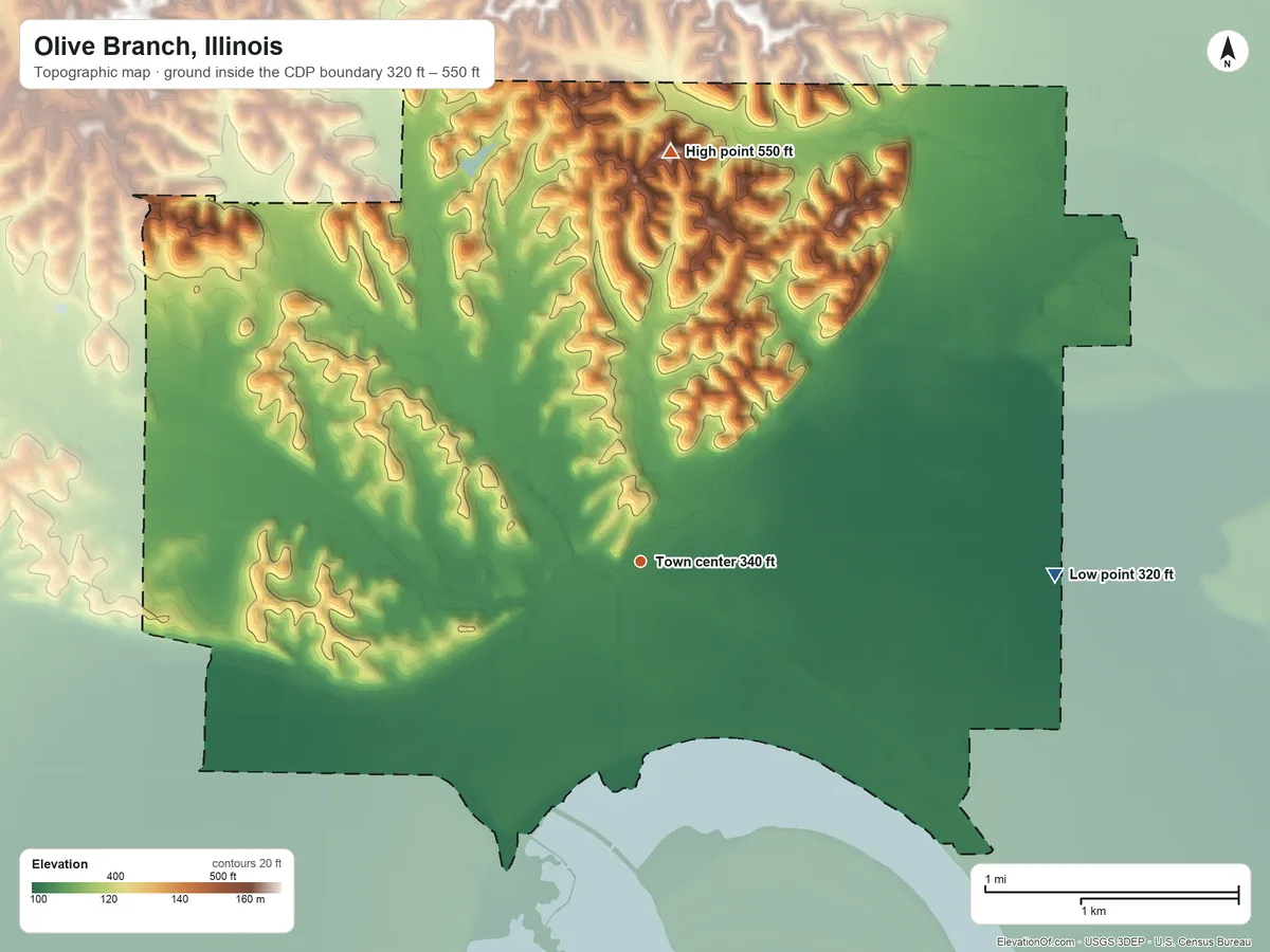 Topographic elevation map of Olive Branch, Illinois, shaded from 320 ft on the east side to 550 ft on the north side