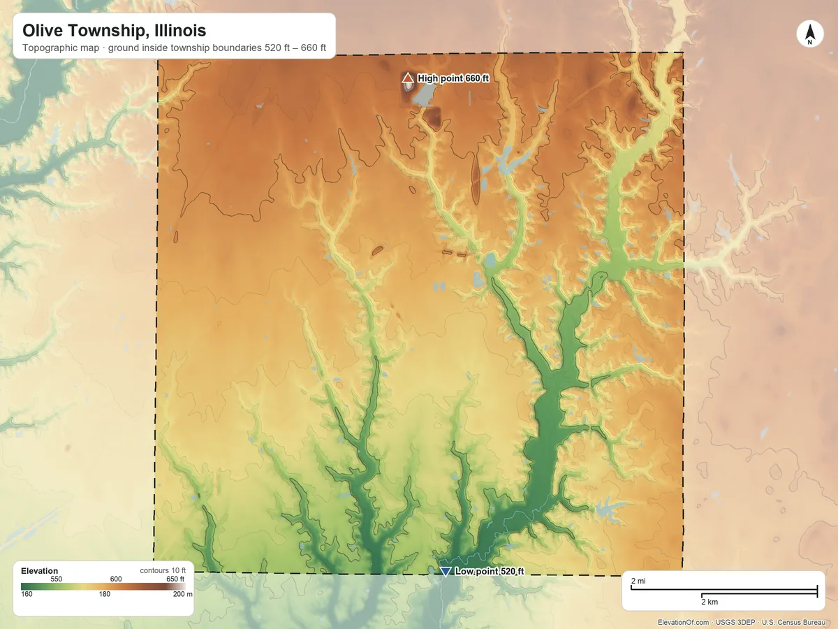 Topographic elevation map of Olive Township, Illinois, shaded from 520 ft on the south side to 660 ft on the north side