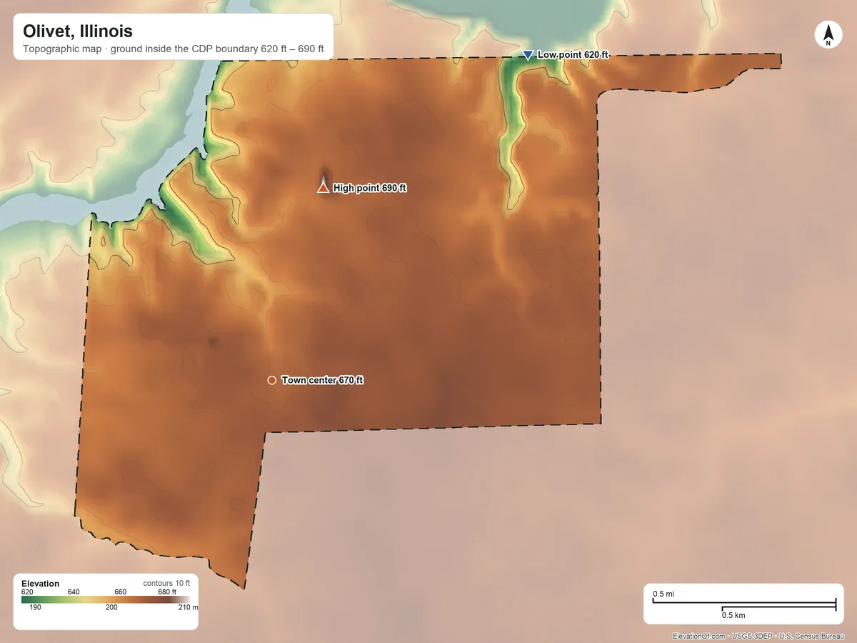 Topographic elevation map of Olivet, Illinois, shaded from 620 ft on the northeast side to 690 ft on the north side