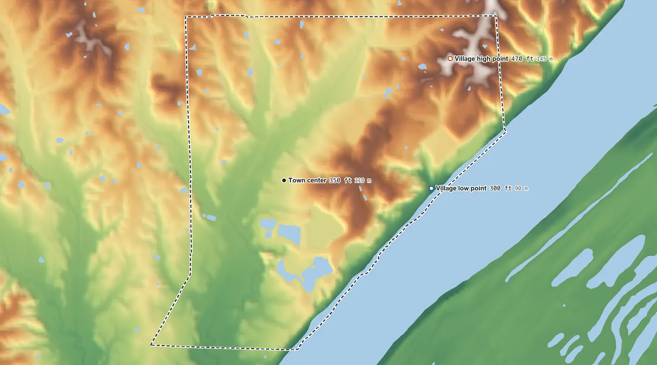 Topographic elevation map of Olmsted, Illinois, shaded from 300 ft on the east side to 470 ft on the northeast side