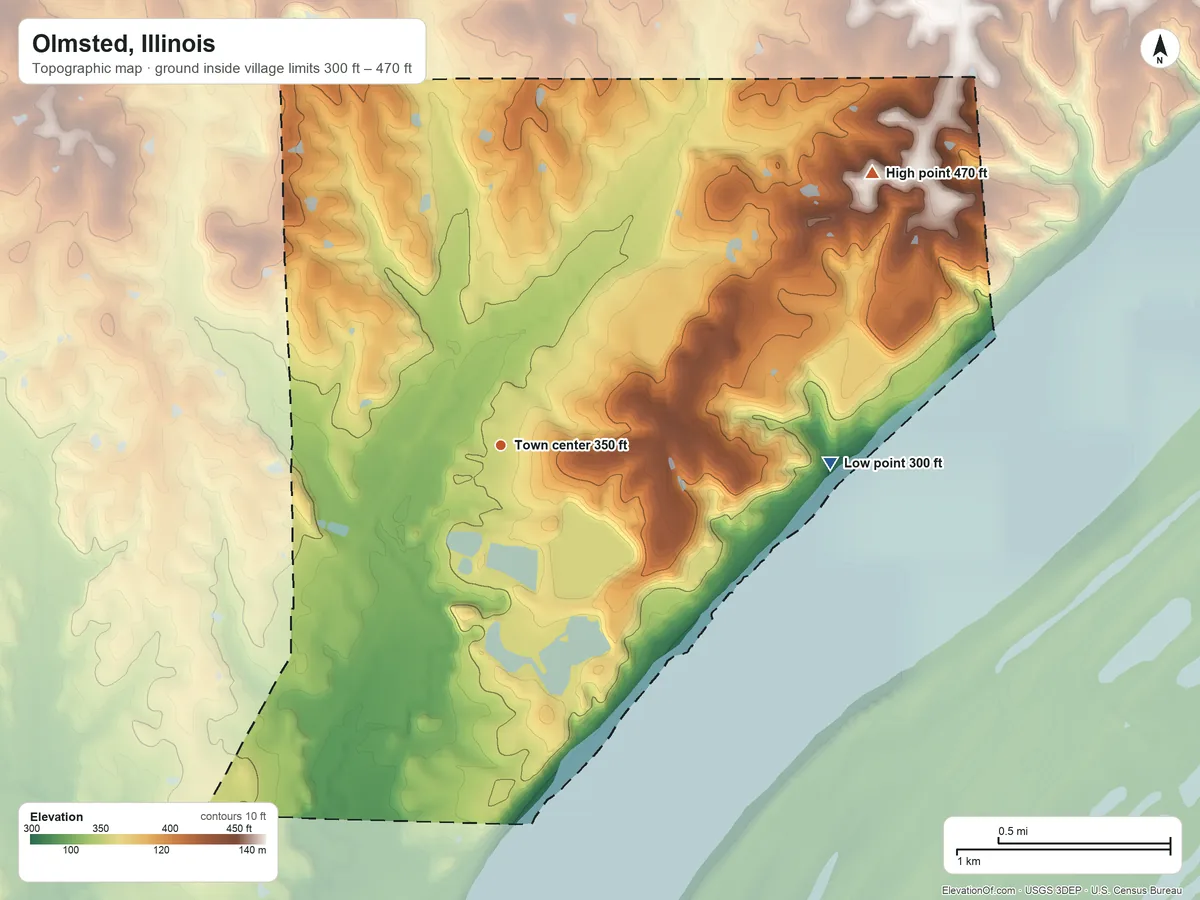 Topographic elevation map of Olmsted, Illinois, shaded from 300 ft on the east side to 470 ft on the northeast side