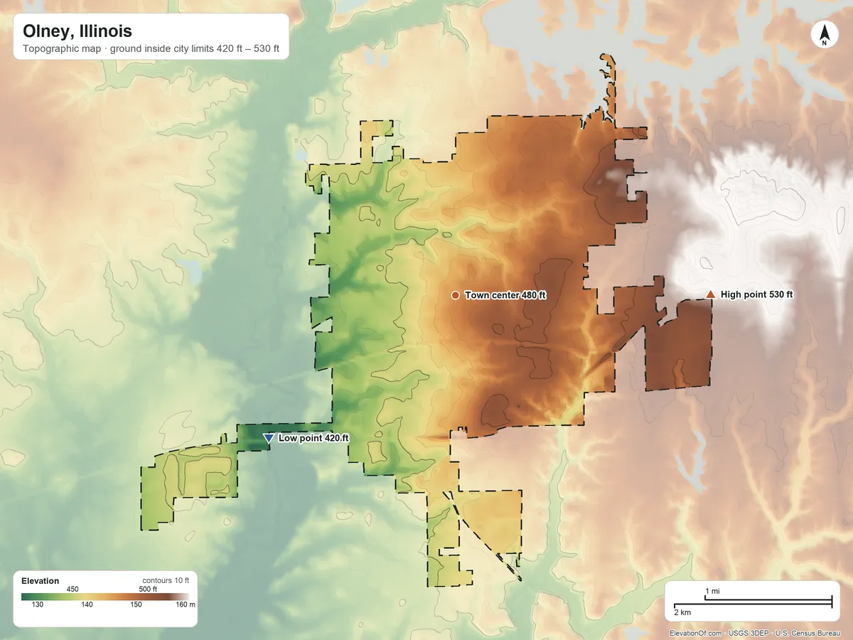 Topographic elevation map of Olney, Illinois, shaded from 420 ft on the southwest side to 530 ft on the east side