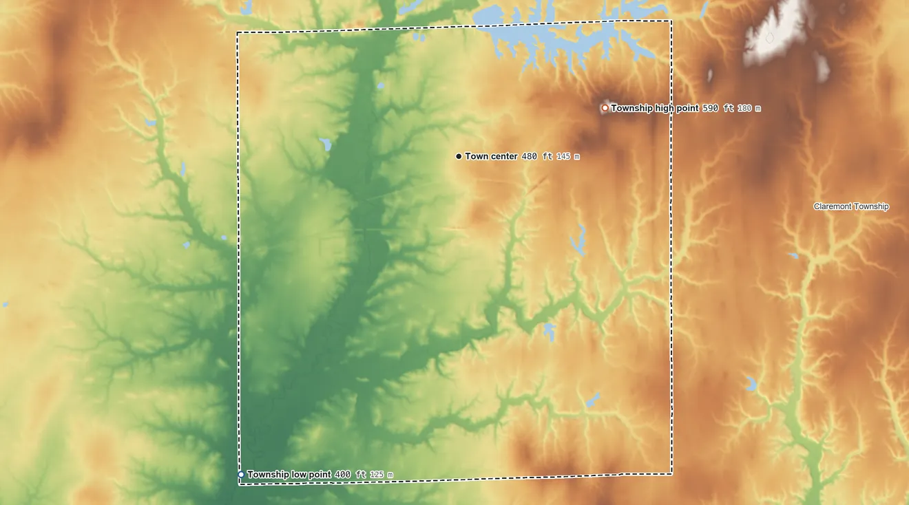 Topographic elevation map of Olney Township, Illinois, shaded from 400 ft on the southwest side to 590 ft on the east side