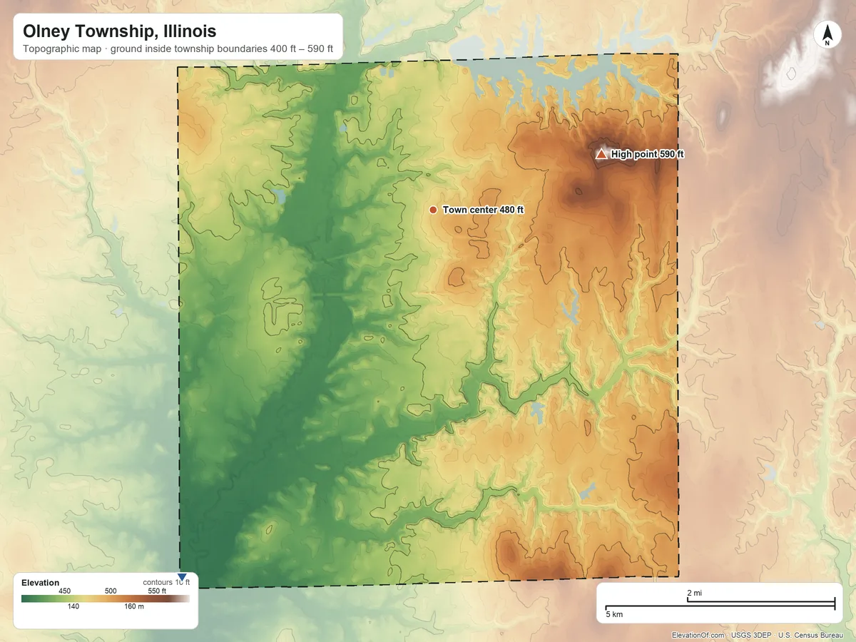 Topographic elevation map of Olney Township, Illinois, shaded from 400 ft on the southwest side to 590 ft on the east side