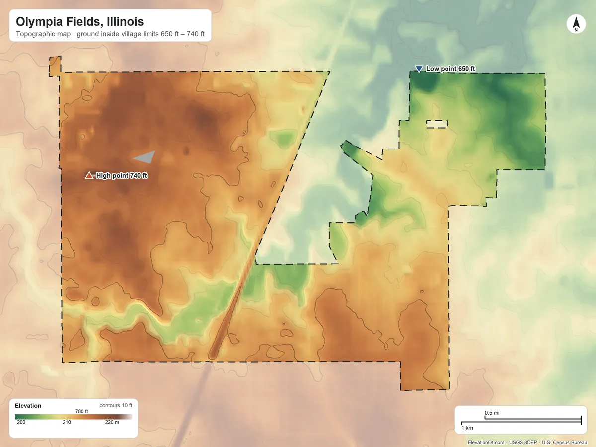 Topographic elevation map of Olympia Fields, Illinois, shaded from 650 ft on the northeast side to 740 ft on the west side