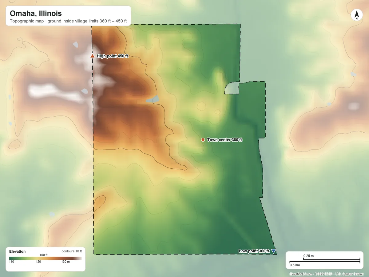 Topographic elevation map of Omaha, Illinois, shaded from 360 ft on the southeast side to 450 ft on the northwest side