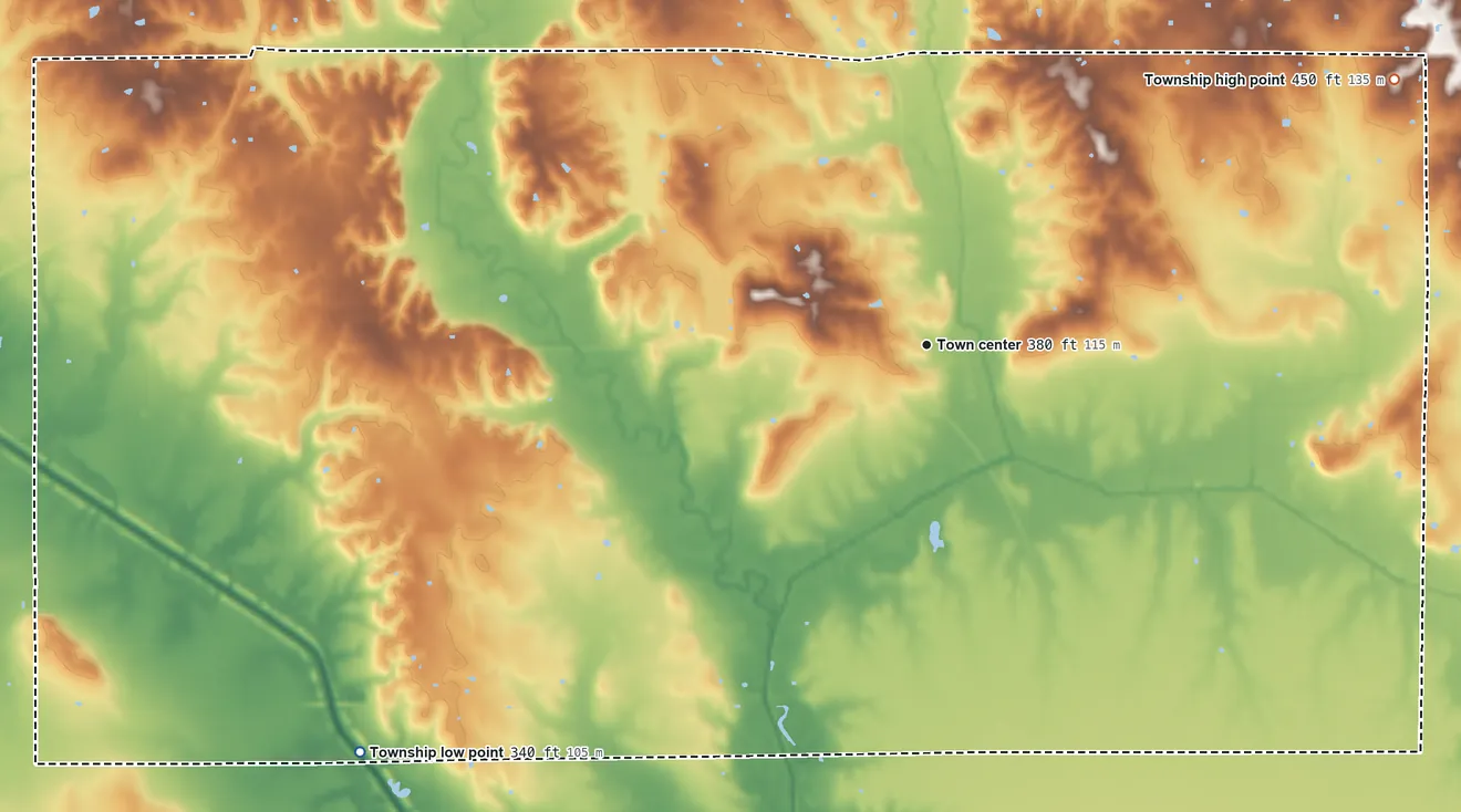 Topographic elevation map of Omaha Township, Illinois, shaded from 340 ft on the southwest side to 450 ft on the northeast side