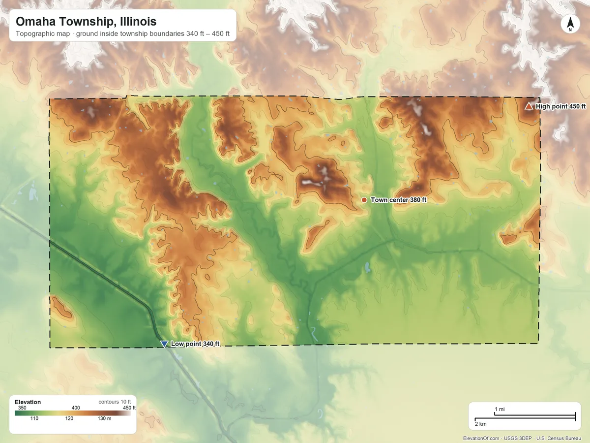 Topographic elevation map of Omaha Township, Illinois, shaded from 340 ft on the southwest side to 450 ft on the northeast side