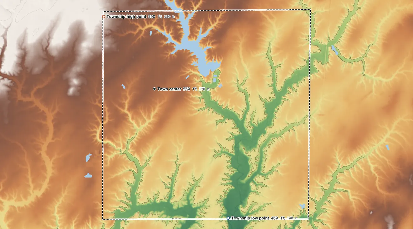 Topographic elevation map of Omega Township, Illinois, shaded from 460 ft on the southeast side to 590 ft on the northwest side