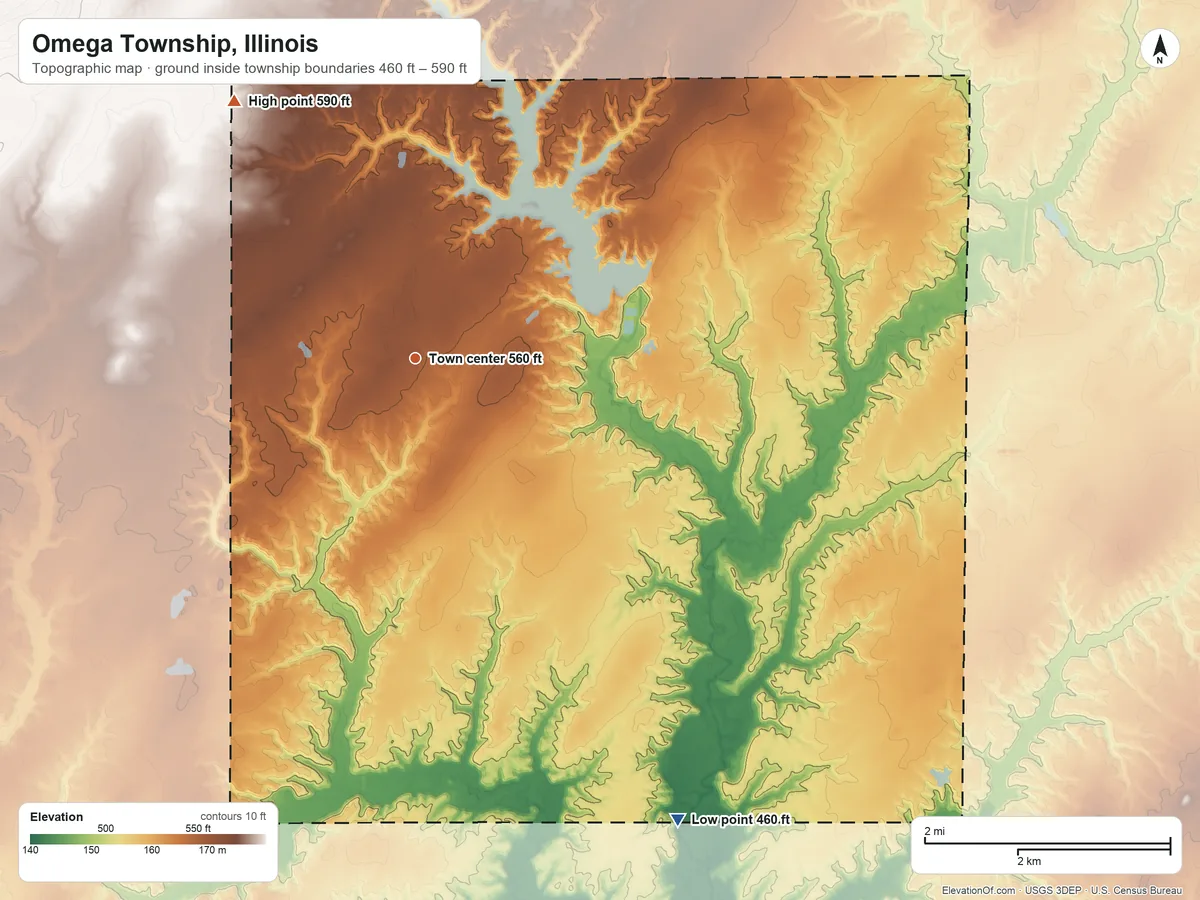 Topographic elevation map of Omega Township, Illinois, shaded from 460 ft on the southeast side to 590 ft on the northwest side