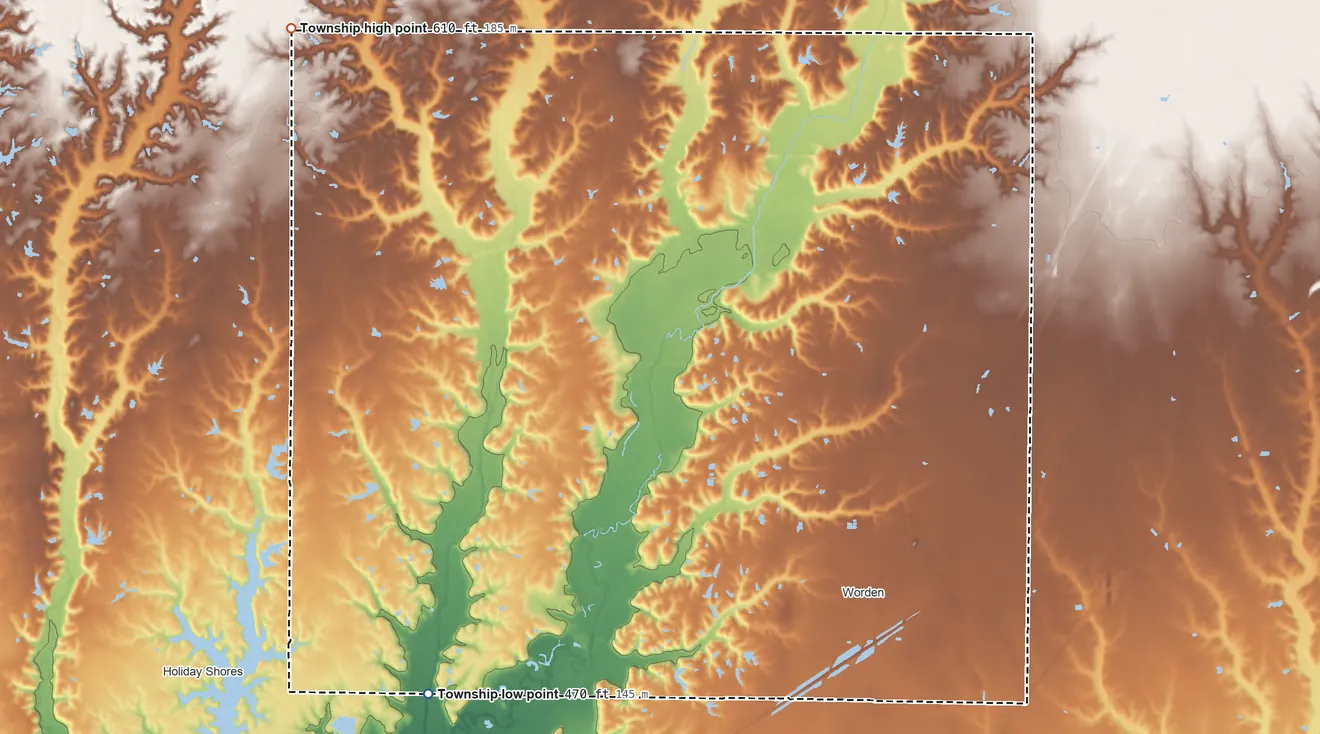 Topographic elevation map of Omphghent Township, Illinois, shaded from 470 ft on the southwest side to 610 ft on the northwest side