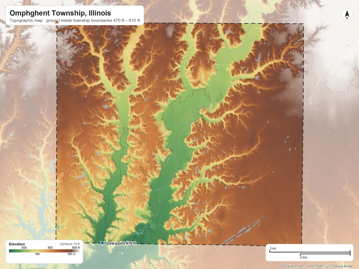 Topographic elevation map of Omphghent Township, Illinois, shaded from 470 ft on the southwest side to 610 ft on the northwest side