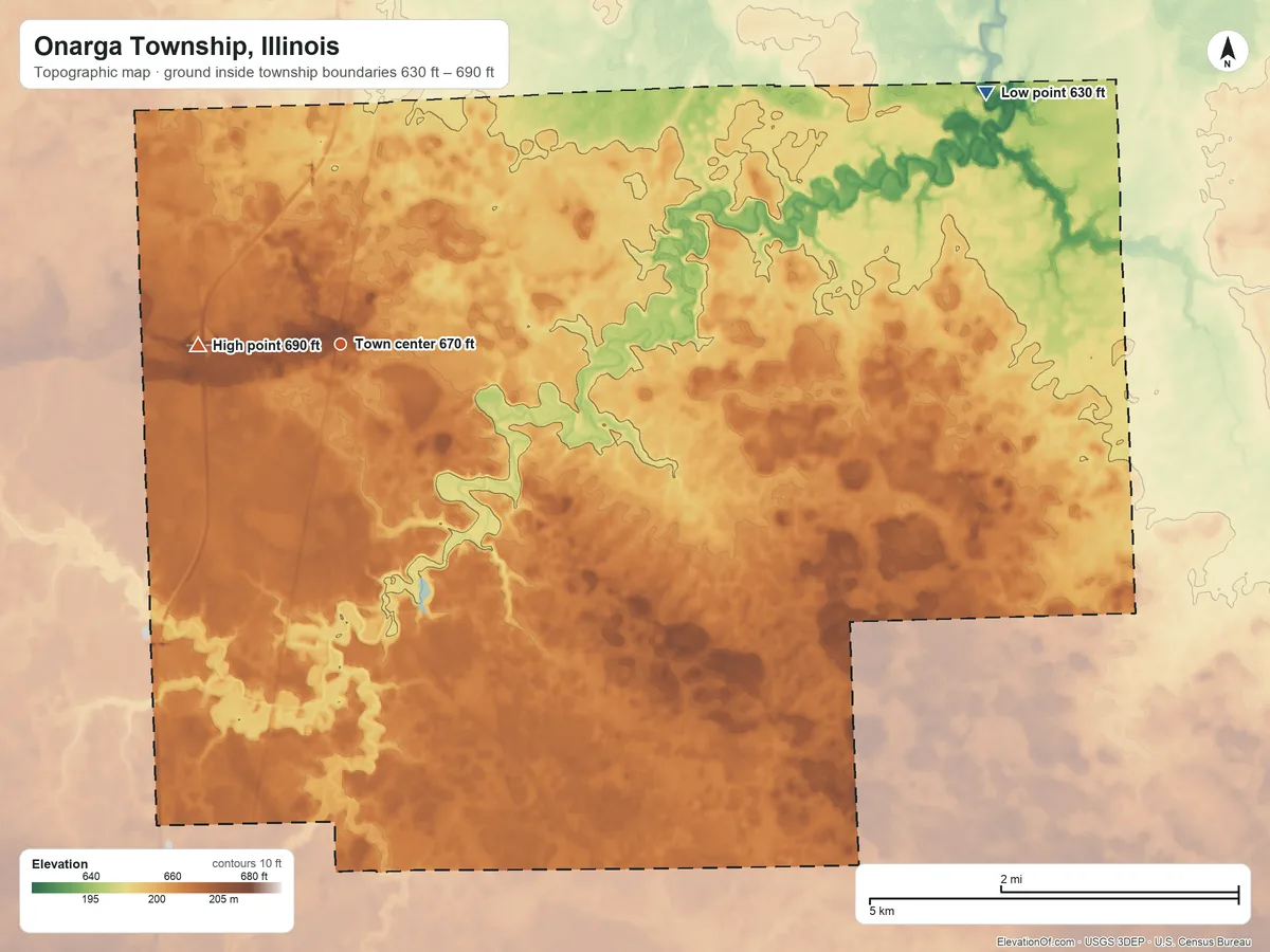Topographic elevation map of Onarga Township, Illinois, shaded from 630 ft on the east side to 690 ft on the west side
