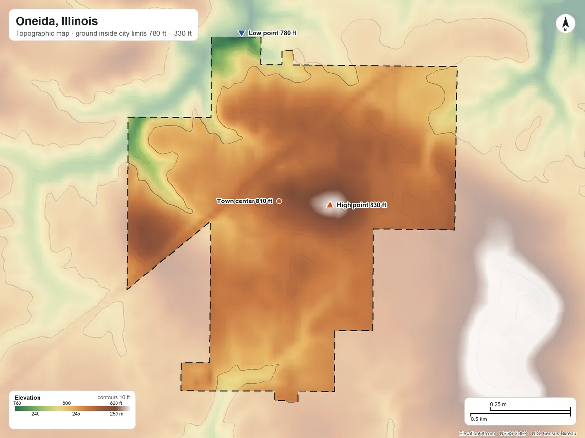 Topographic elevation map of Oneida, Illinois, shaded from 780 ft on the north side to 830 ft on the east side