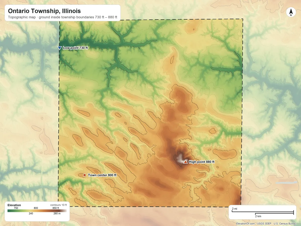 Topographic elevation map of Ontario Township, Illinois, shaded from 730 ft on the north side to 880 ft on Pilot Knob