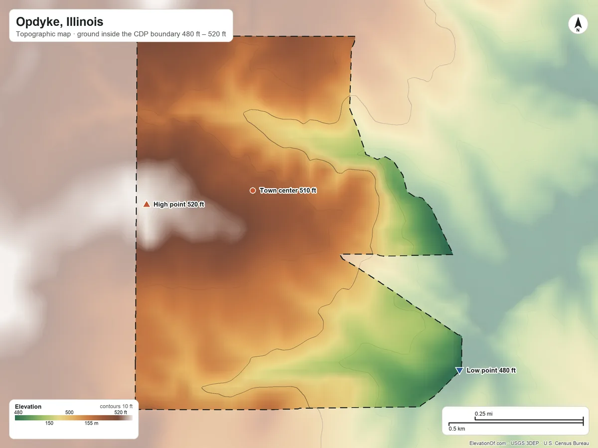 Topographic elevation map of Opdyke, Illinois, shaded from 480 ft on the southeast side to 520 ft on the west side