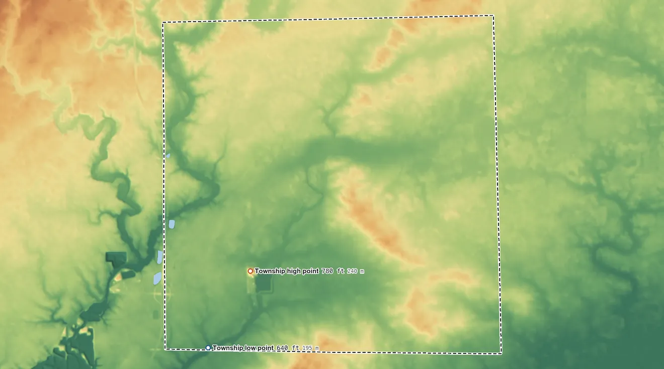 Topographic elevation map of Ophir Township, Illinois, shaded from 640 ft on the southwest side to 780 ft on the southwest side