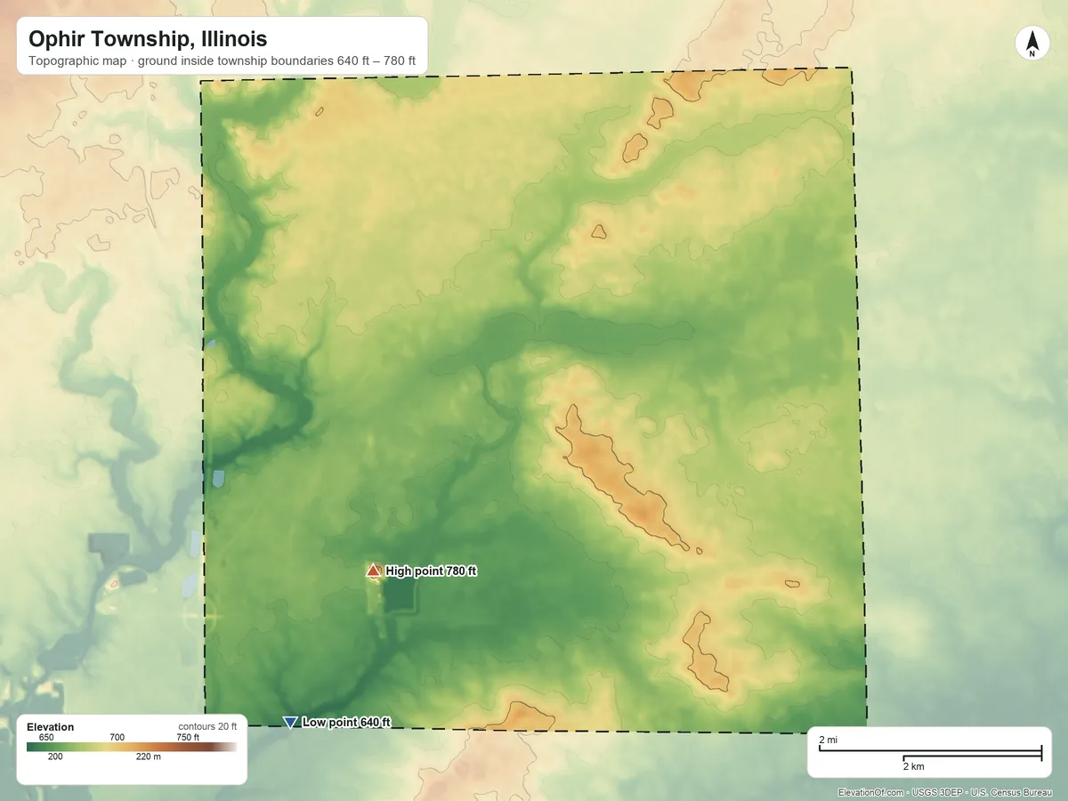 Topographic elevation map of Ophir Township, Illinois, shaded from 640 ft on the southwest side to 780 ft on the southwest side