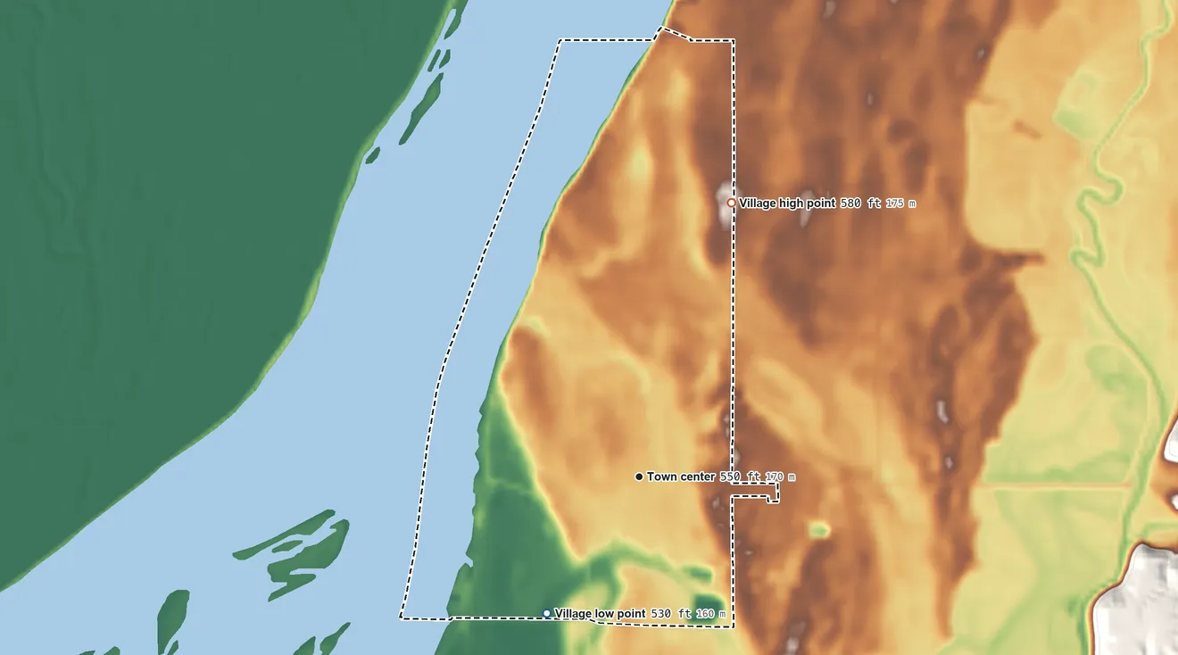 Topographic elevation map of Oquawka, Illinois, shaded from 530 ft on the southwest side to 580 ft on the north side