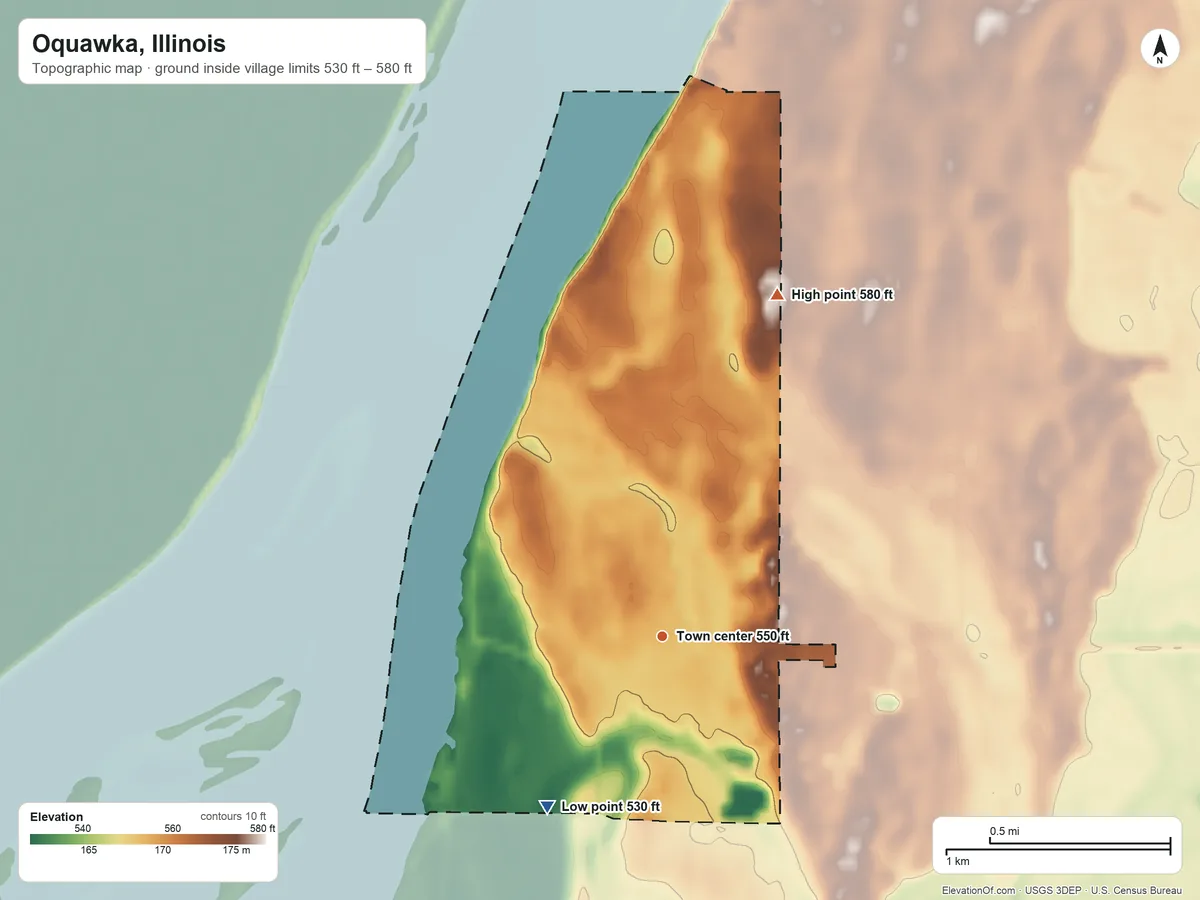 Topographic elevation map of Oquawka, Illinois, shaded from 530 ft on the southwest side to 580 ft on the north side