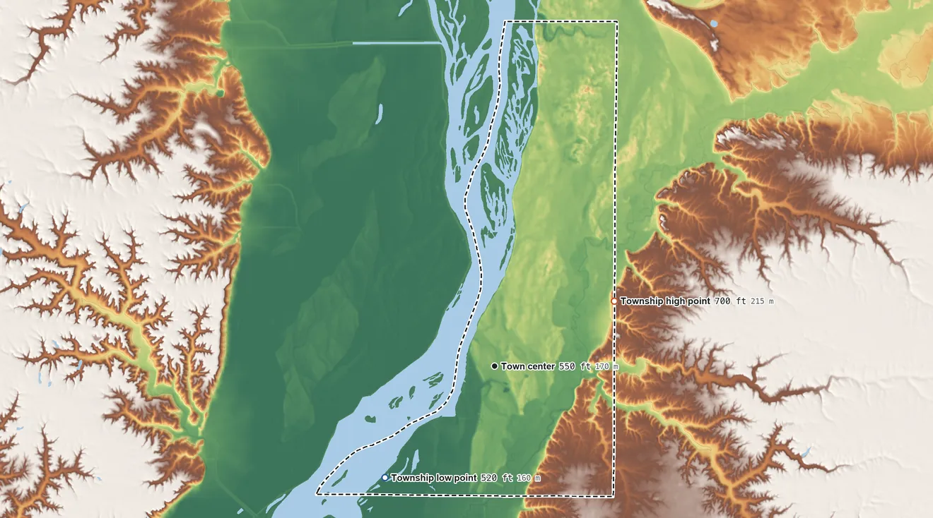 Topographic elevation map of Oquawka Township, Illinois, shaded from 520 ft on the southwest side to 700 ft on the northeast side