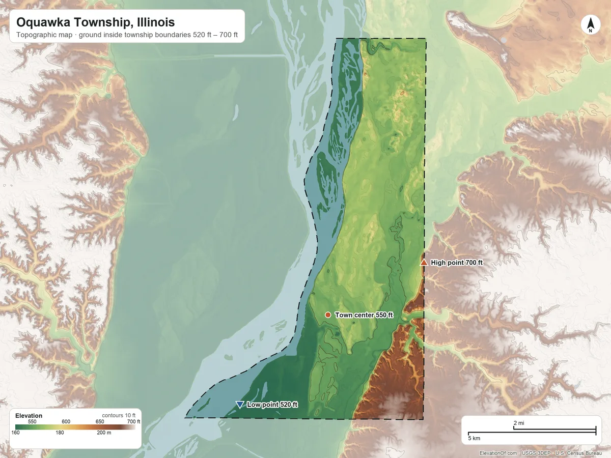 Topographic elevation map of Oquawka Township, Illinois, shaded from 520 ft on the southwest side to 700 ft on the northeast side