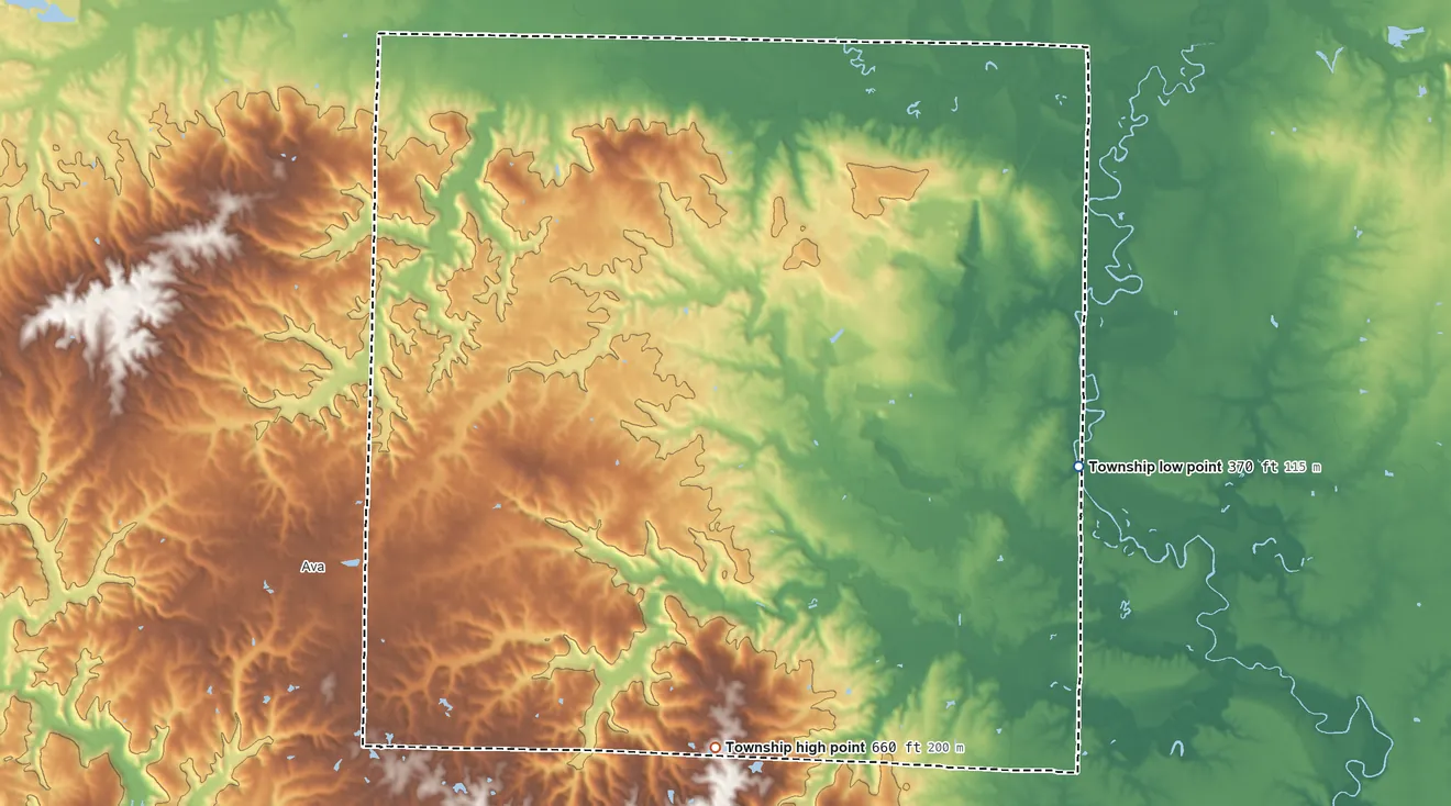 Topographic elevation map of Ora Township, Illinois, shaded from 370 ft on the east side to 660 ft on the south side