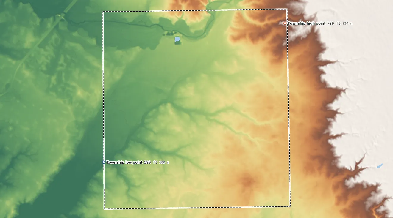 Topographic elevation map of Oran Township, Illinois, shaded from 590 ft on the west side to 720 ft on the northeast side