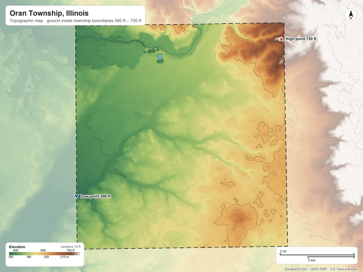 Topographic elevation map of Oran Township, Illinois, shaded from 590 ft on the west side to 720 ft on the northeast side