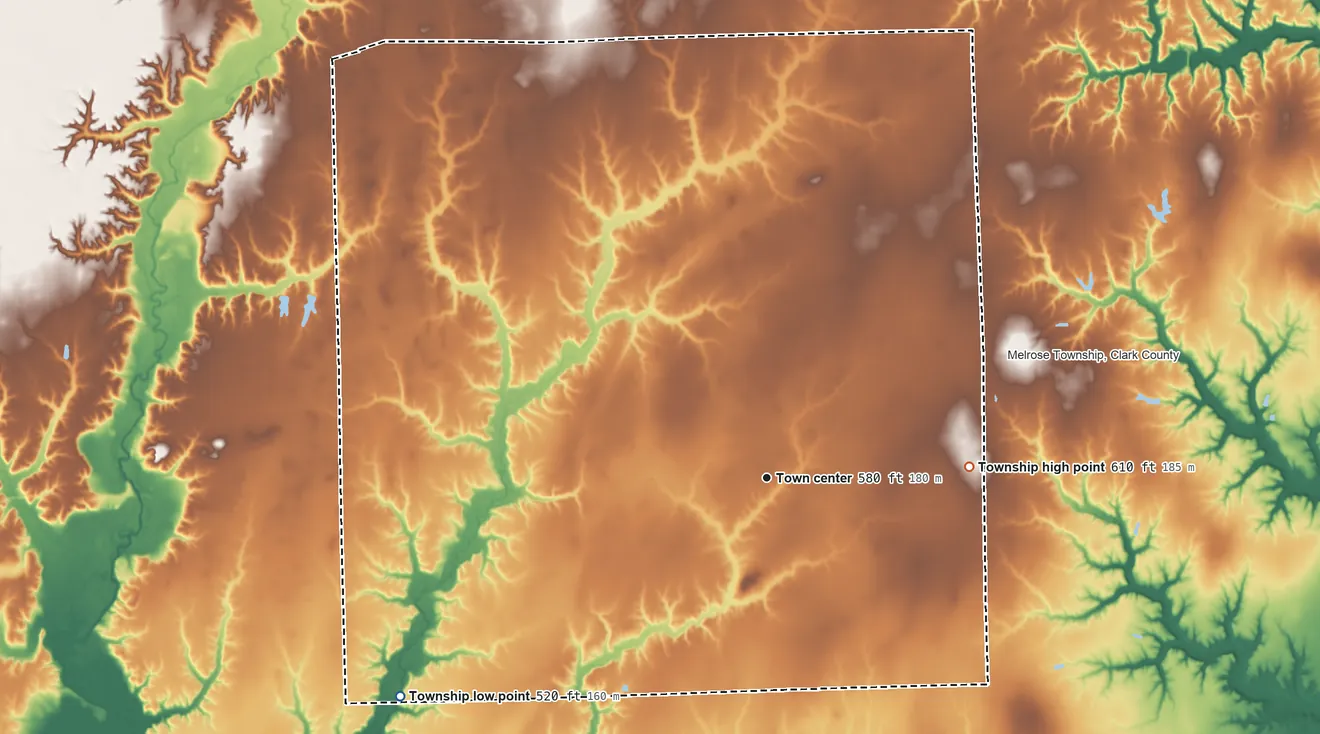 Topographic elevation map of Orange Township, Clark County, Illinois, shaded from 520 ft on the southwest side to 610 ft on the east side