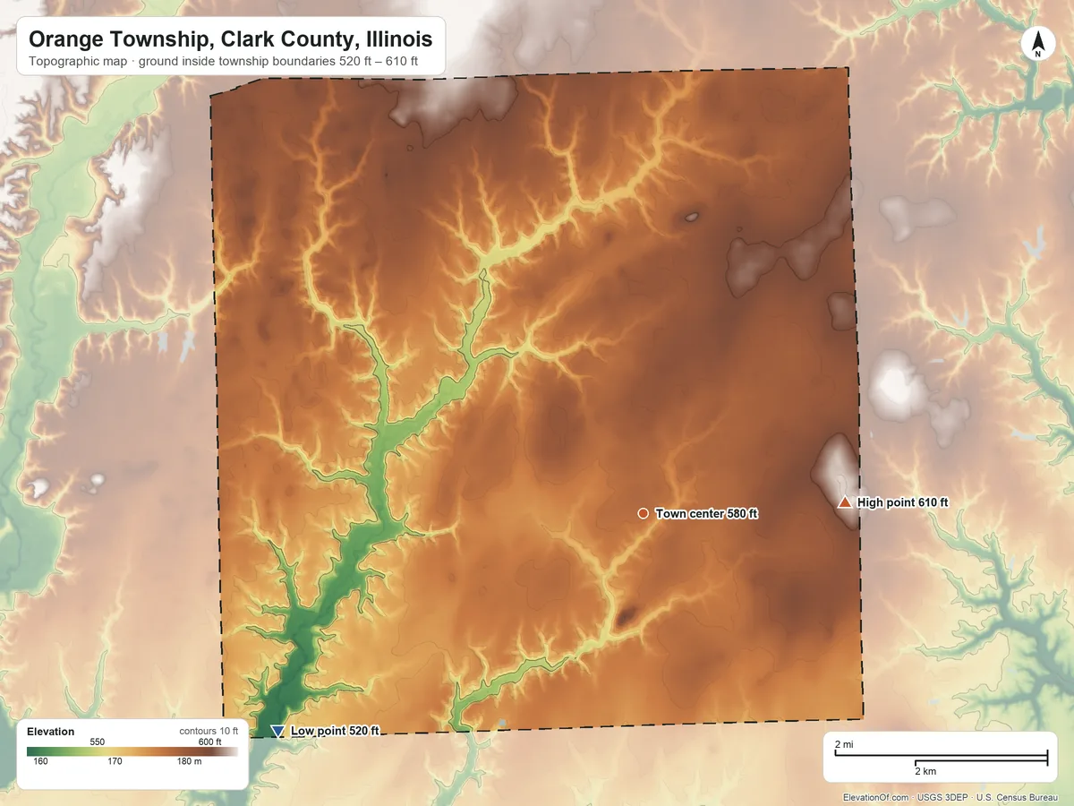 Topographic elevation map of Orange Township, Clark County, Illinois, shaded from 520 ft on the southwest side to 610 ft on the east side