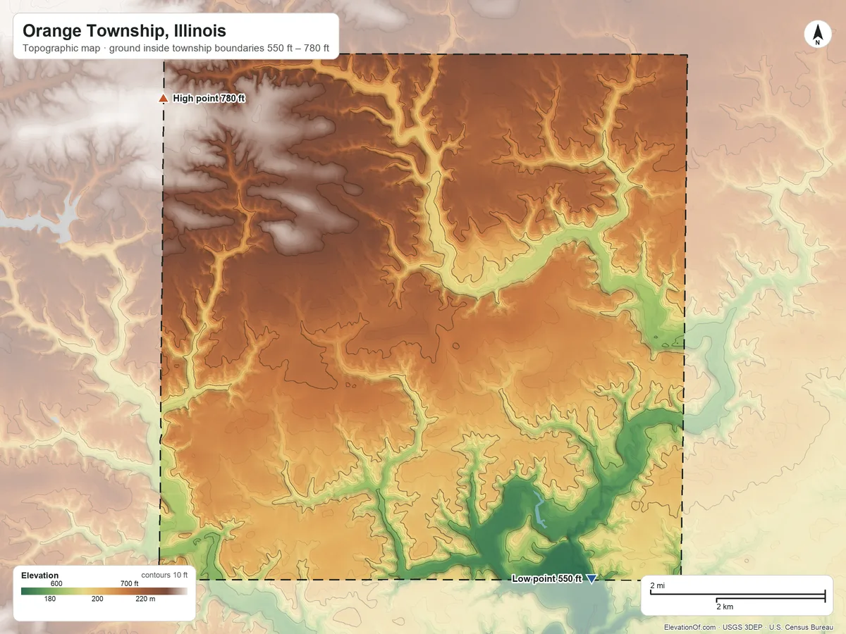 Topographic elevation map of Orange Township, Illinois, shaded from 550 ft on the southeast side to 780 ft on the northwest side