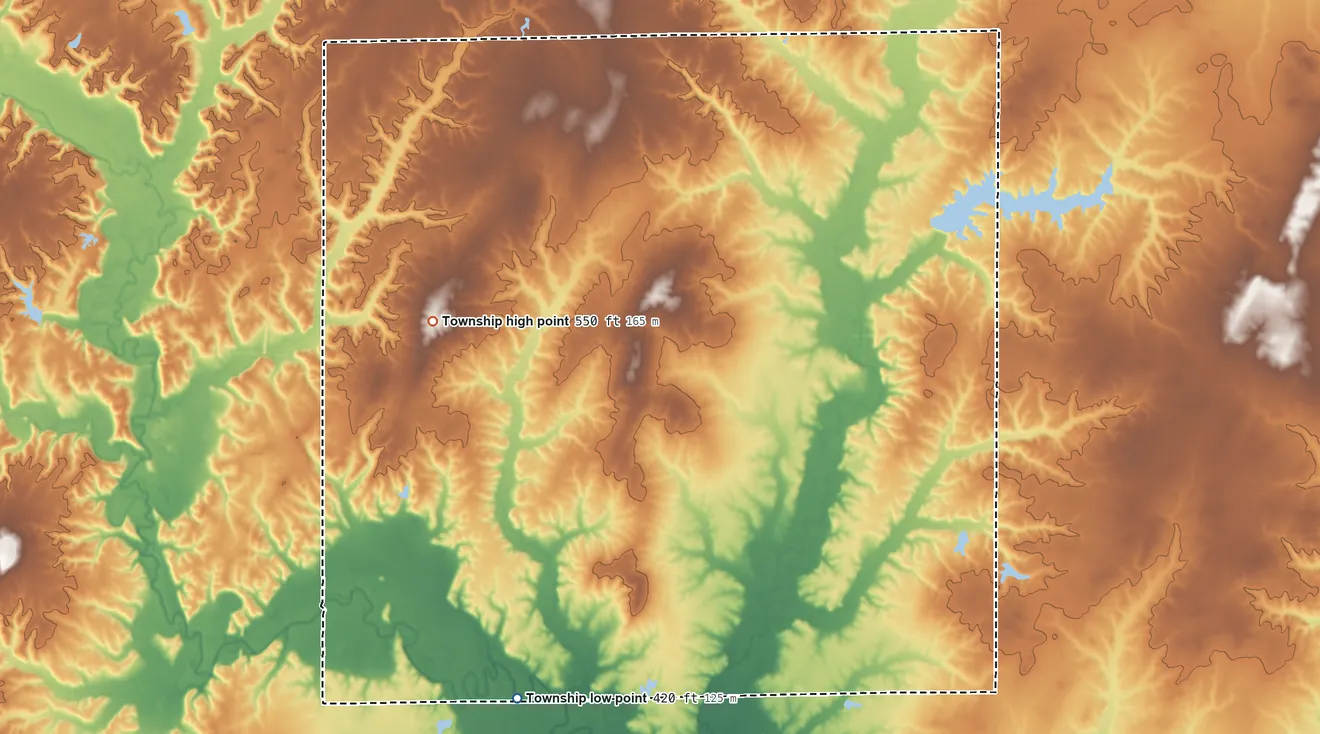 Topographic elevation map of Orchard Township, Illinois, shaded from 420 ft on the southwest side to 550 ft on the west side