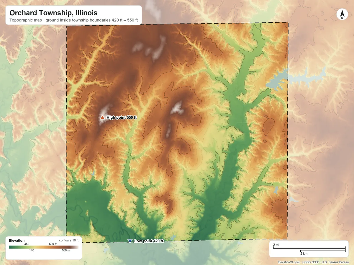 Topographic elevation map of Orchard Township, Illinois, shaded from 420 ft on the southwest side to 550 ft on the west side