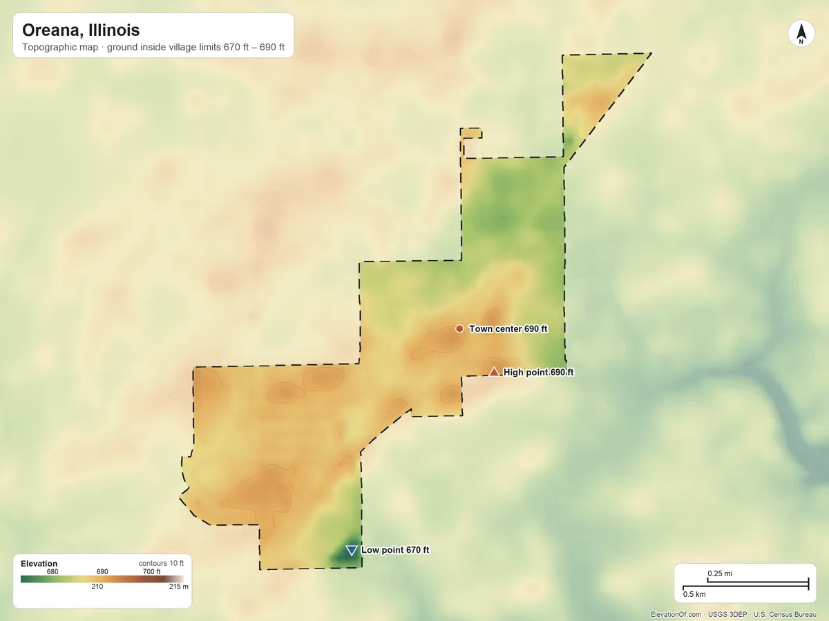Topographic elevation map of Oreana, Illinois, shaded from 670 ft on the southwest side to 690 ft near the middle
