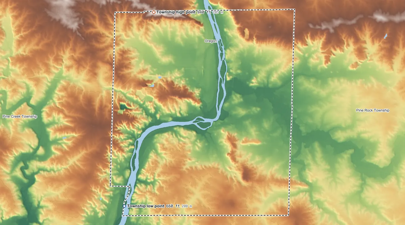 Topographic elevation map of Oregon-Nashua Township, Illinois, shaded from 660 ft on the southwest side to 940 ft on the northwest side