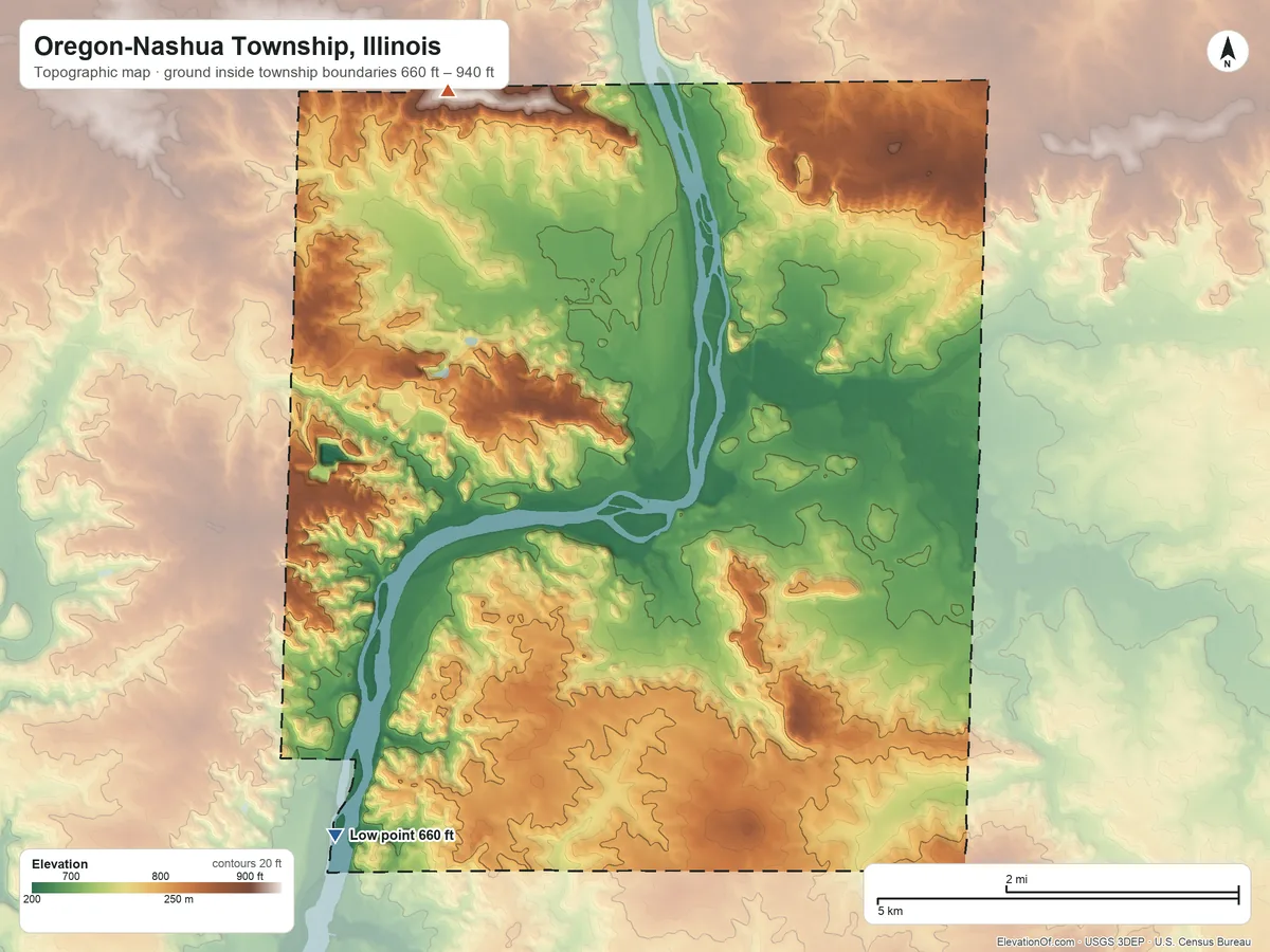Topographic elevation map of Oregon-Nashua Township, Illinois, shaded from 660 ft on the southwest side to 940 ft on the northwest side
