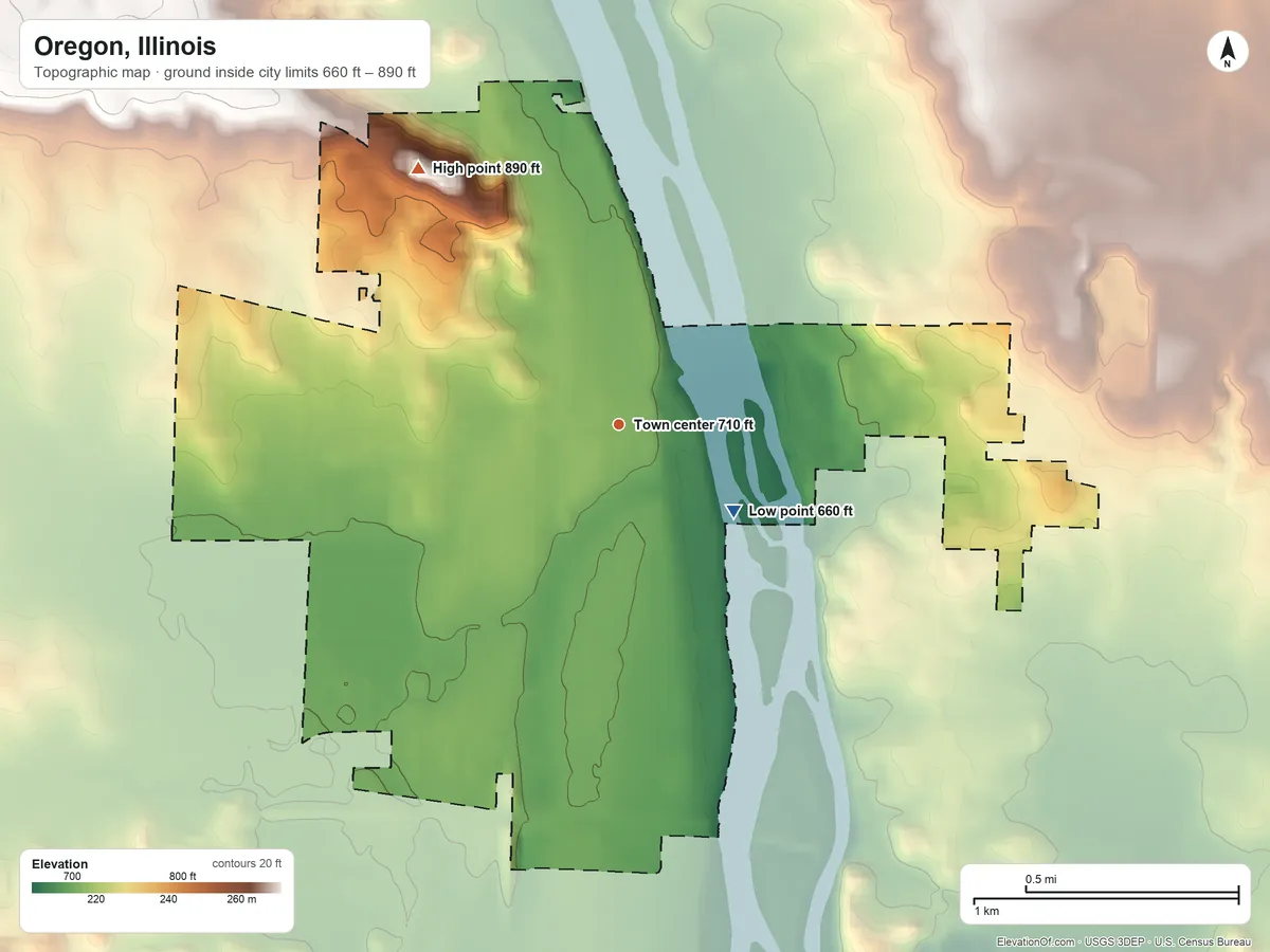 Topographic elevation map of Oregon, Illinois, shaded from 660 ft on the southeast side to 890 ft on the northwest side