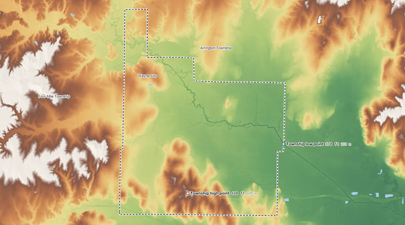Topographic elevation map of Orel Township, Illinois, shaded from 370 ft on the southeast side to 480 ft on the south side