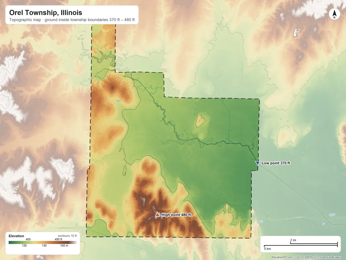 Topographic elevation map of Orel Township, Illinois, shaded from 370 ft on the southeast side to 480 ft on the south side