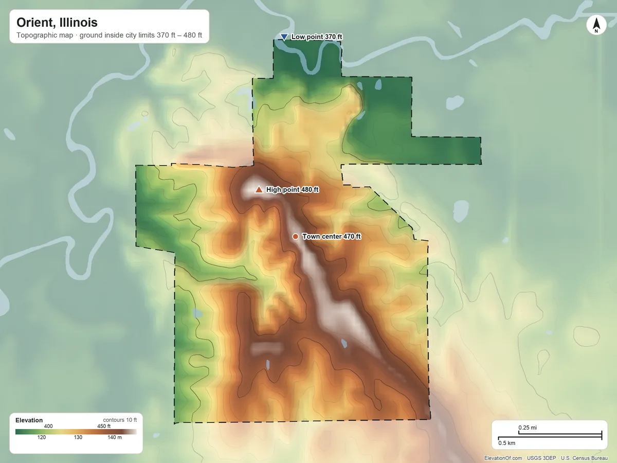 Topographic elevation map of Orient, Illinois, shaded from 370 ft on the north side to 480 ft on the northwest side