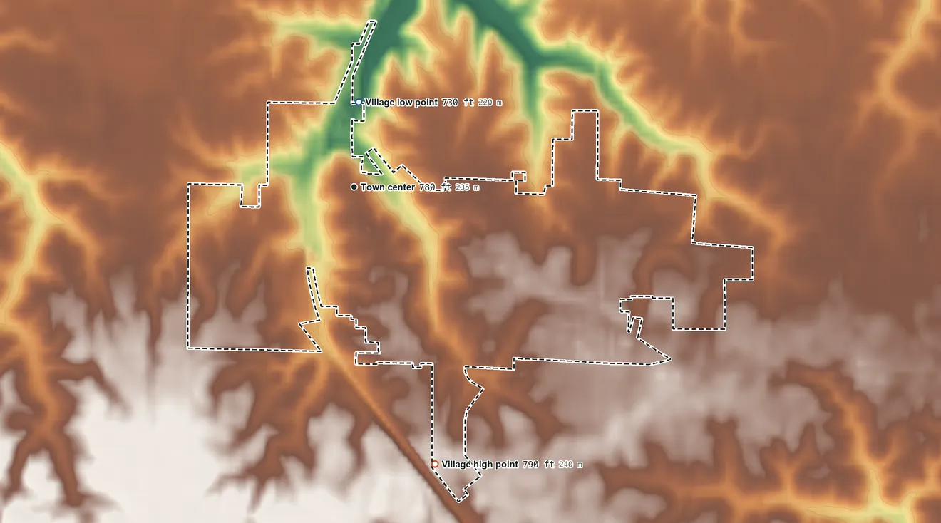 Topographic elevation map of Orion, Illinois, shaded from 730 ft on the north side to 790 ft on the south side