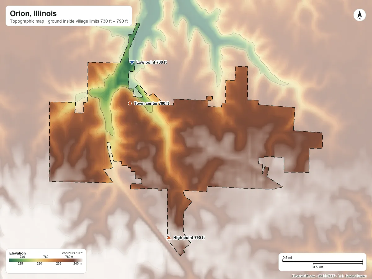 Topographic elevation map of Orion, Illinois, shaded from 730 ft on the north side to 790 ft on the south side
