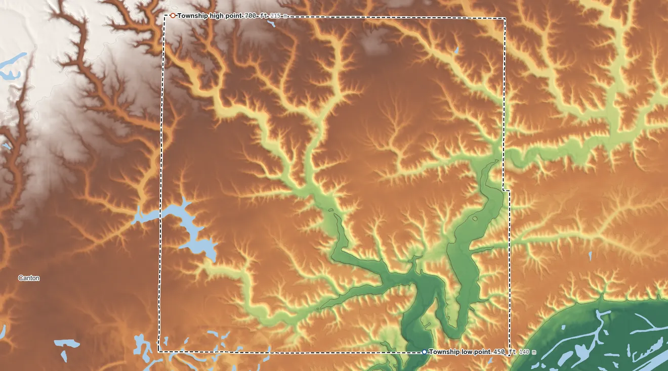 Topographic elevation map of Orion Township, Illinois, shaded from 450 ft on the southeast side to 700 ft on the northwest side