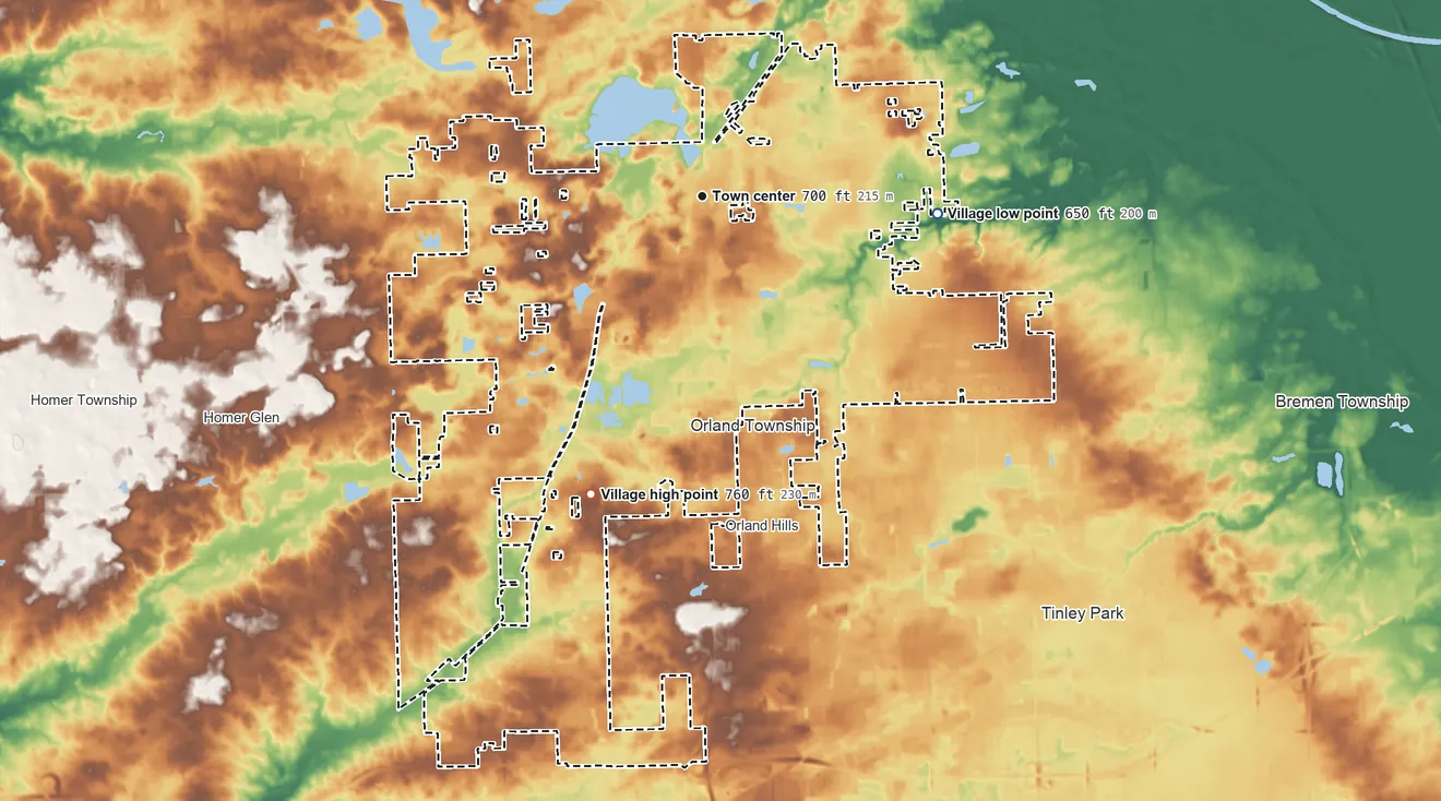 Topographic elevation map of Orland Park, Illinois, shaded from 650 ft on the east side to 760 ft on the south side