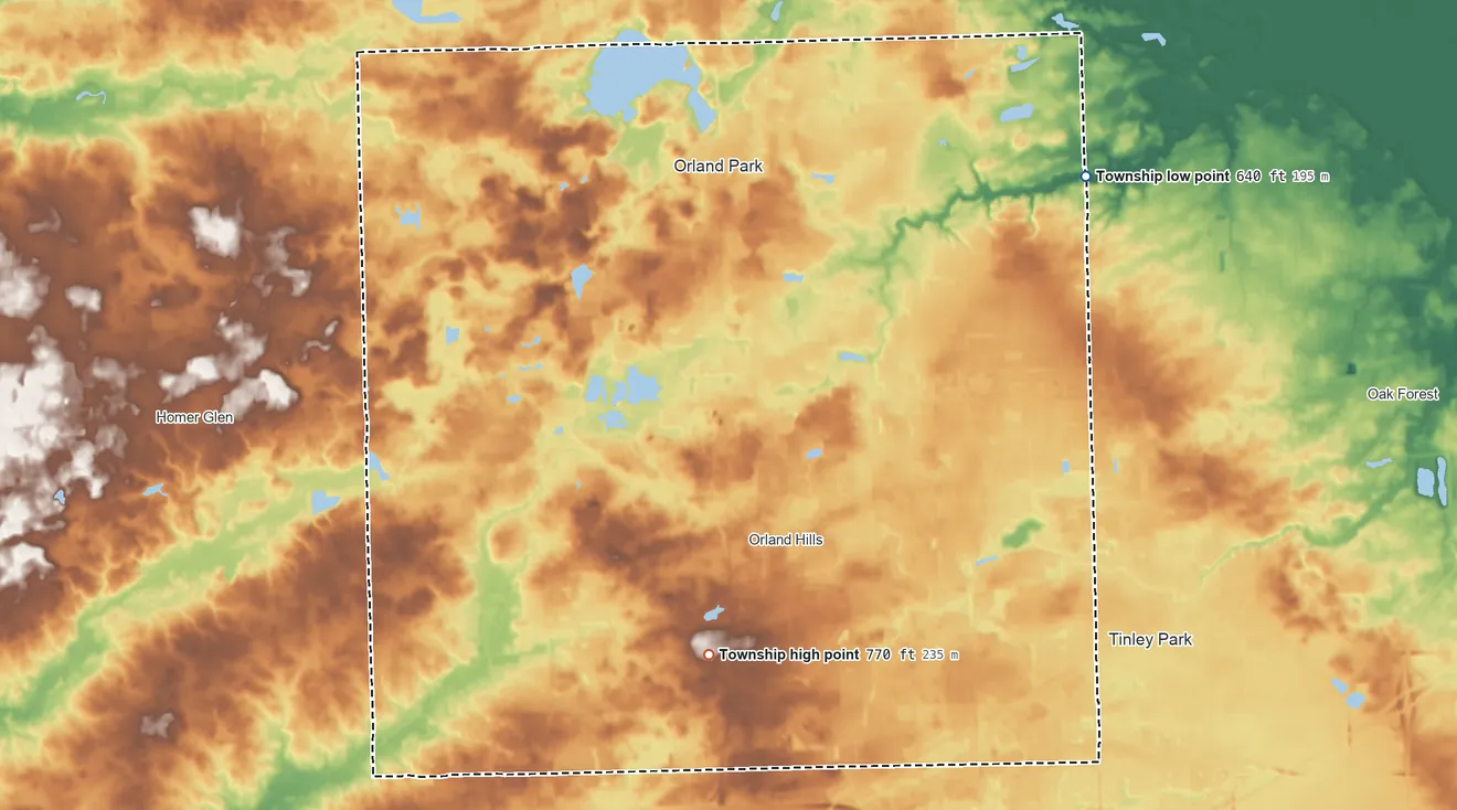 Topographic elevation map of Orland Township, Illinois, shaded from 640 ft on the northeast side to 770 ft on the south side