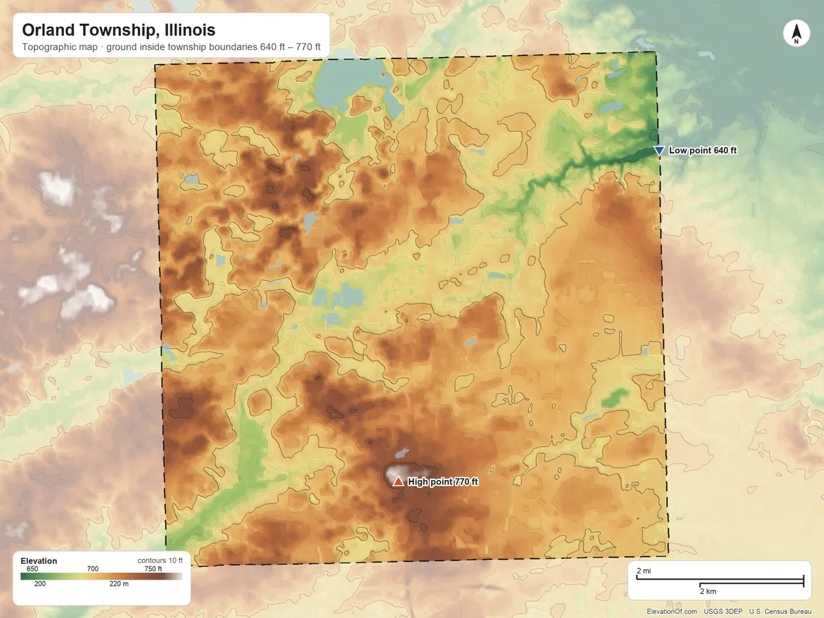 Topographic elevation map of Orland Township, Illinois, shaded from 640 ft on the northeast side to 770 ft on the south side